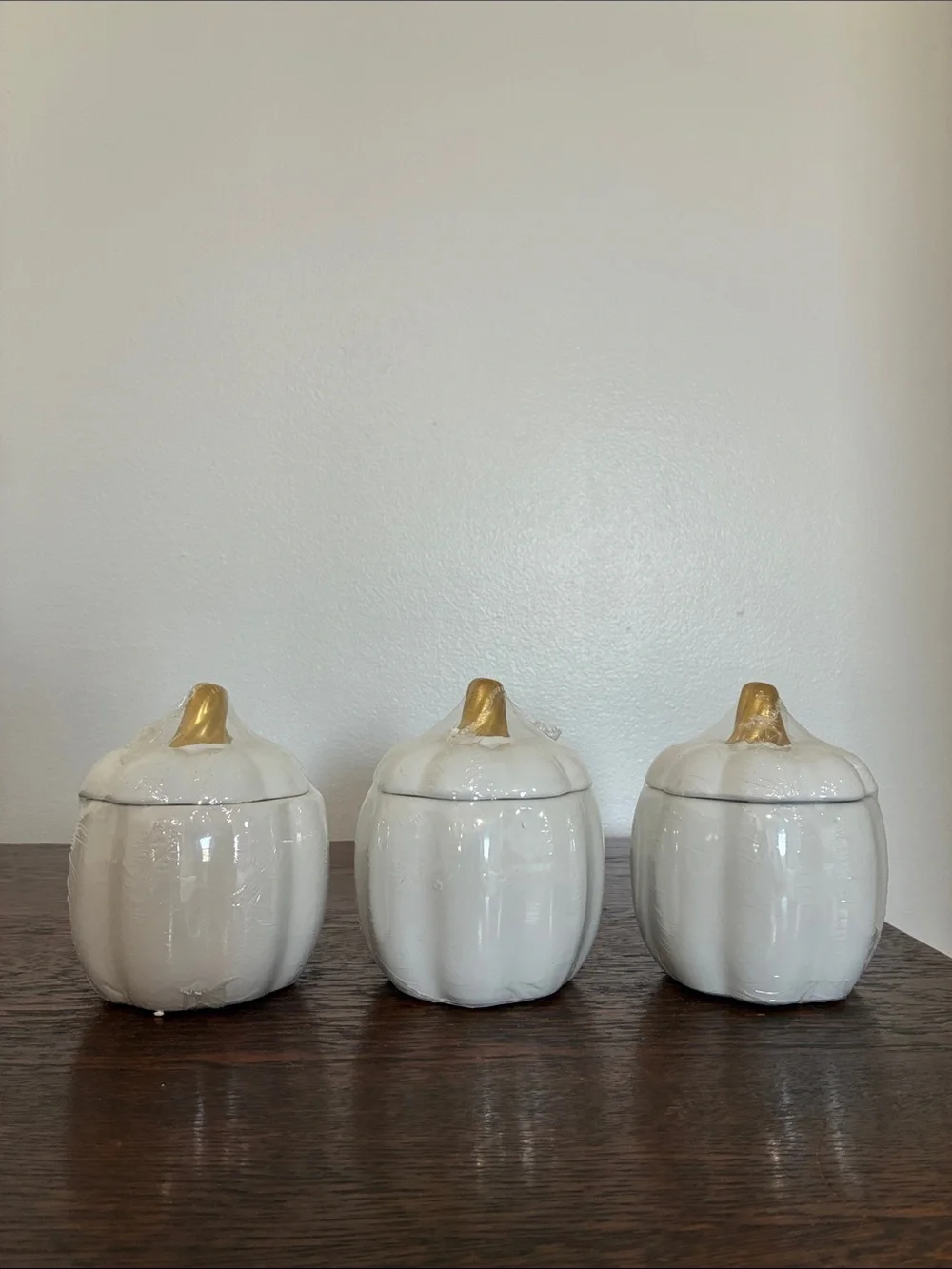 NWT- Set of 3- White Ceramic Pumpkin Jars with Lid & Gold Stems